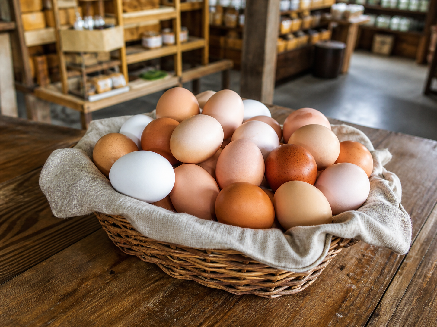 A basket of colorful farm-fresh eggs